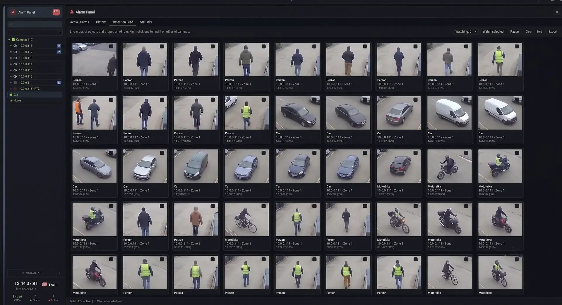 The detection feed, a grid of cropped frames of the people and vehicles that tripped a rule, each labelled with the object, the camera, the zone, the time and a confidence figure.