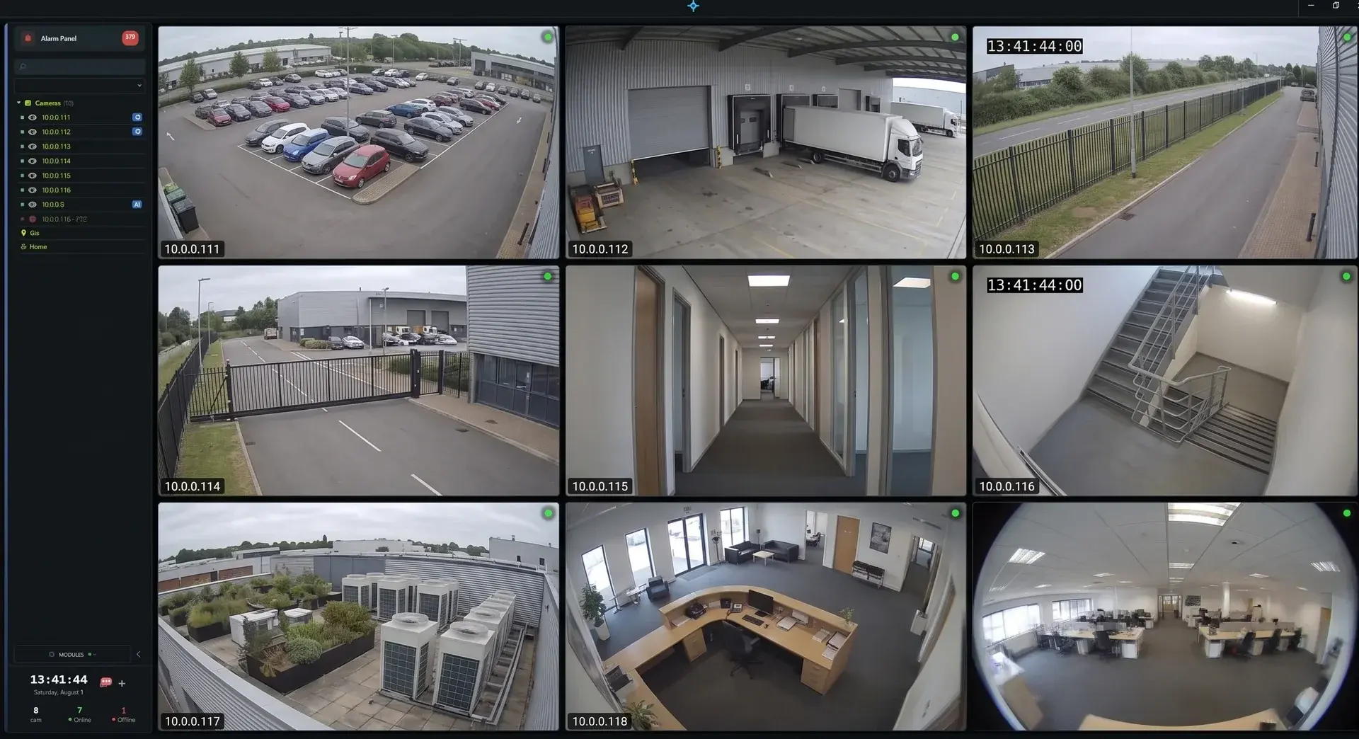 A nine-camera wall filling the screen: a car park, a loading bay, a fenced perimeter road, a vehicle gate, an office corridor, a stairwell, a rooftop plant deck, a reception desk and a fisheye view of an open-plan floor.