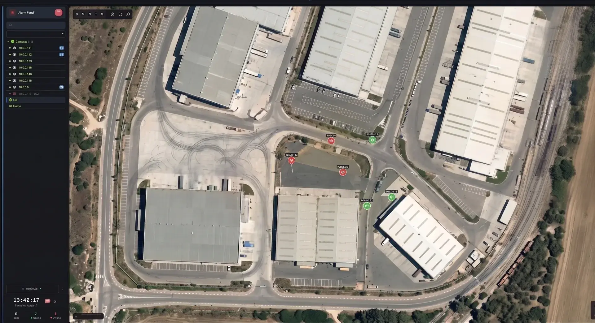 A site map, an aerial view of a logistics estate with camera positions pinned across it, green where the camera is quiet and red where it is in alarm.
